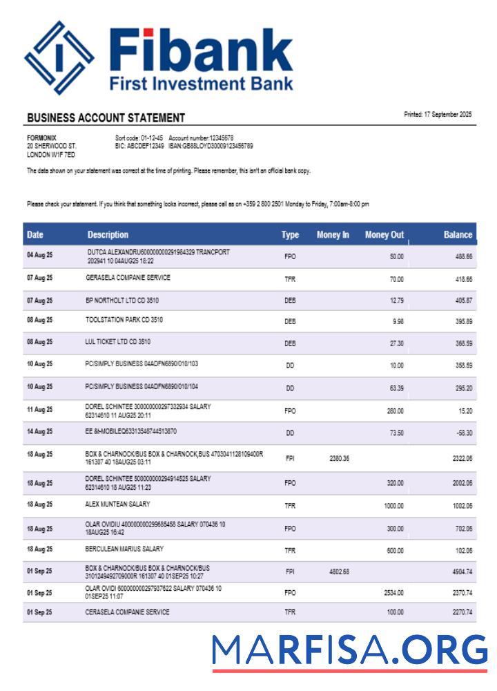 Realistic Fibank bank business bank statement Word and PDF format download for verification